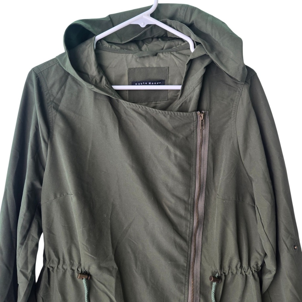Haute Monde Womens Olive Green Asymmetric Zip Hooded Utility Jacket Field Coat